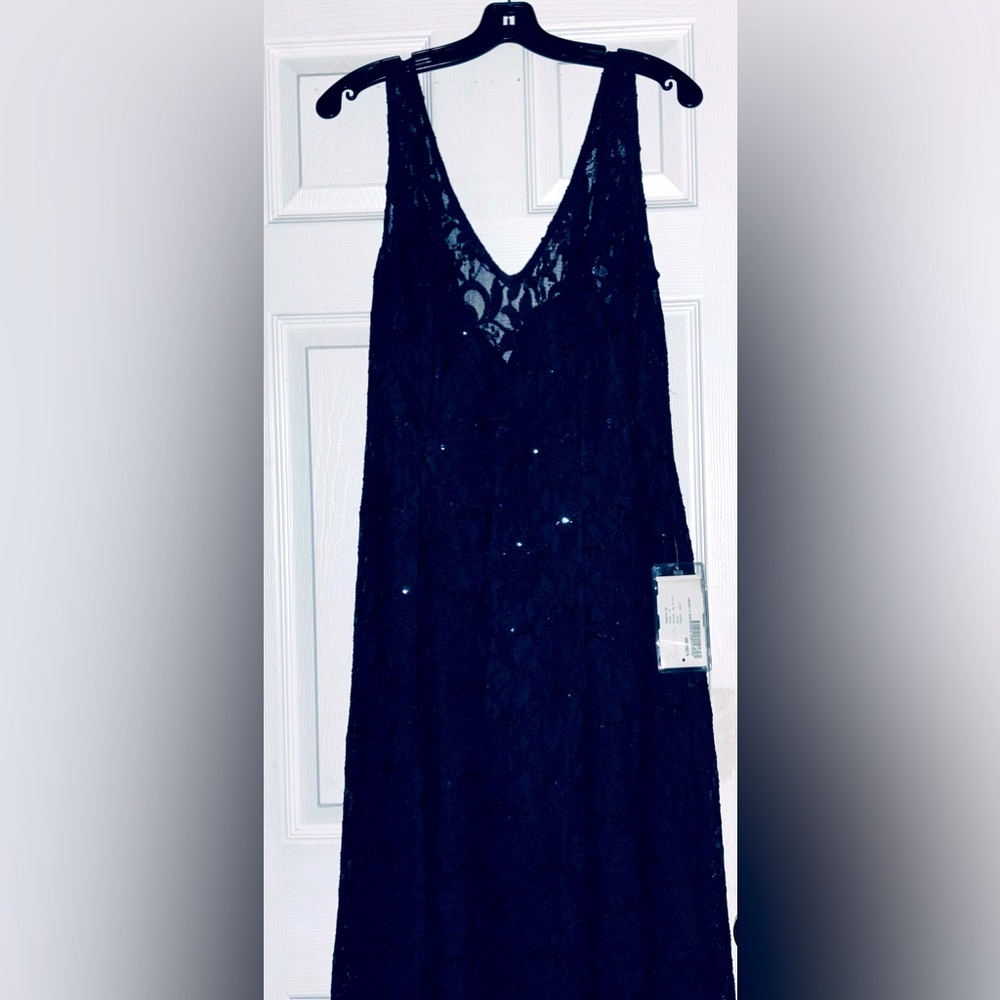 Midnight blue, long lacy beaded bridesmaids/formal party Gown